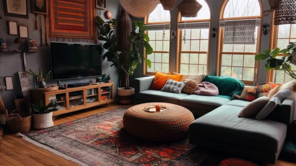 A furnished living room with a carpet
