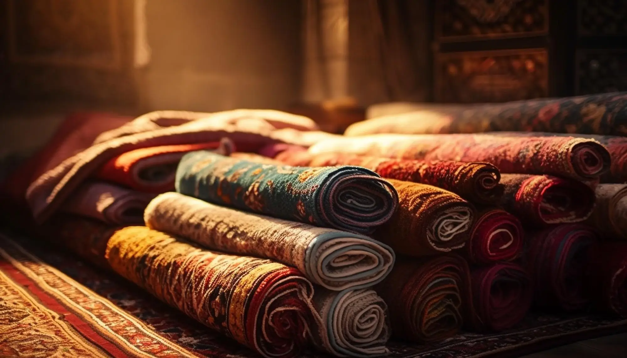 Several rolled-up handwoven and machine-made carpets
